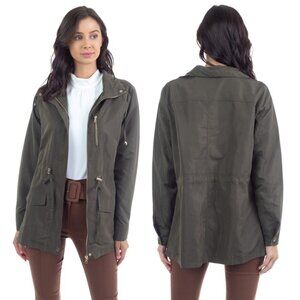Haute Monde Olive Front Zip Waist String Woven Utility Jacket NEW